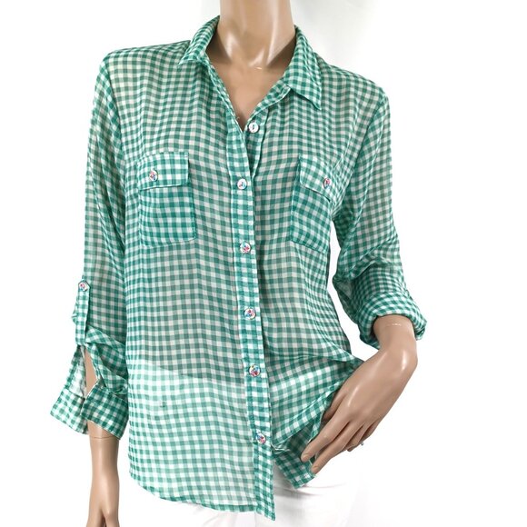 AMERICAN RAG Shirt Blouse M Green Chiffon Gingham Roll Tab Sleeves LS - Picture 2 of 6